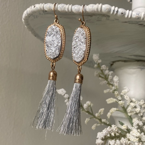 Silver Druzy Tassel Dangle Earrings - Picture 14 of 14